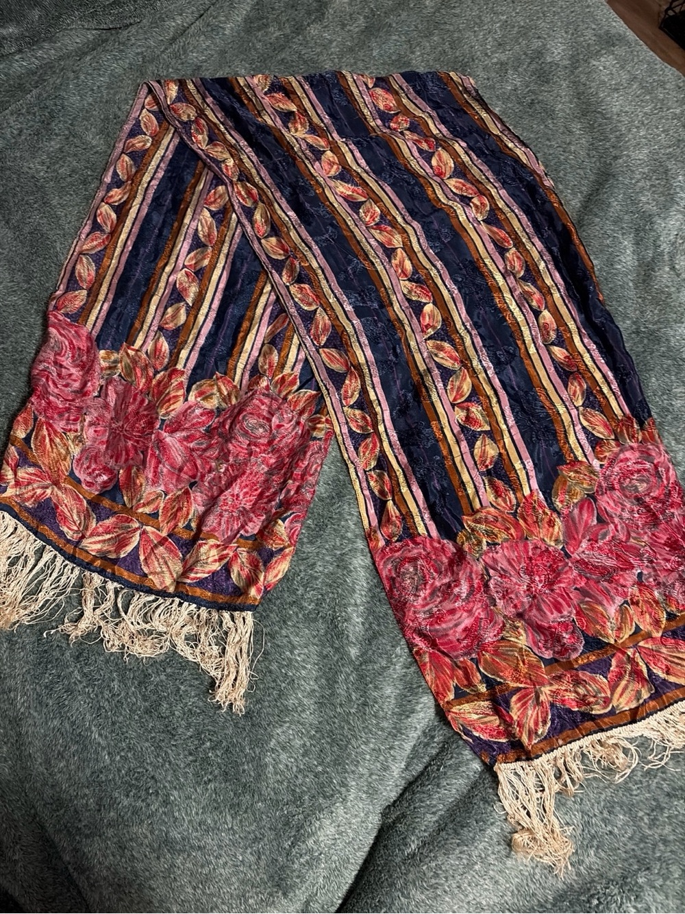 Floral Stripe Fringed Wrap Scarf in Navy and Pink